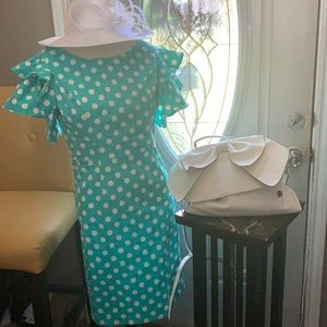 SisJuly Teal/White Polka Dots Classic Style Dress